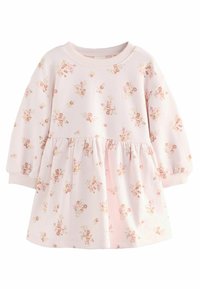 Robe rose clair avec des manches longues, taille fronc�ée, imprimé floral dans des couleurs douces, et encolure et poignets côtelés. Fabriquée en tissu doux.