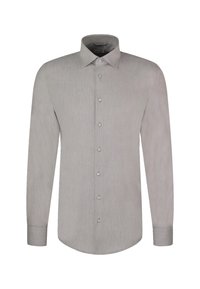 Lys grå langærmet skjorte med knapper, lavet af tekstureret stof, klassisk krave og fem knapper foran. Rundet kant.