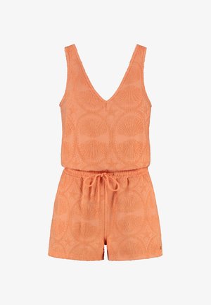 Różowy kombinezon z materiału typu terry z dekoltem w kształcie V, krótkimi rękawami i szortami. Posiada teksturowany wzór w muszelki oraz regulowany ściągacz w talii.