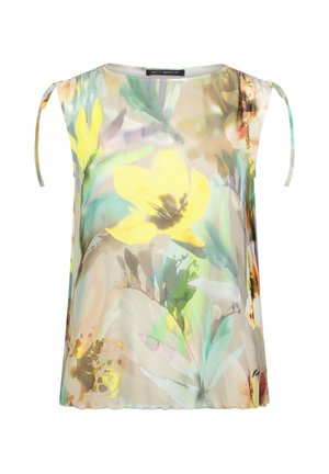 Ærmeløs, gennemsigtig bluse med blomster i akvarelstil i gule, grønne og beige nuancer, med bindedetaljer på skuldrene.
