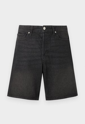 Black denim shorts with belt loops, front button, zip closure, and front pockets, displayed on a plain light background.