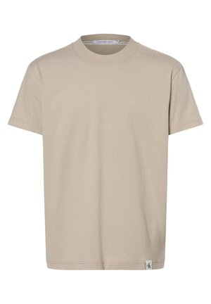 T-shirt en coton beige avec col rond, manches courtes, coupe droite et détails de couture subtils. Comprend une petite étiquette logo à l'ourlet.