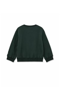 Tmavě zelená mikina se širokým výstřihem, spadlými rameny a pružnými manžetami. Vyrobena z měkké tkaniny, s minimalistickým designem.