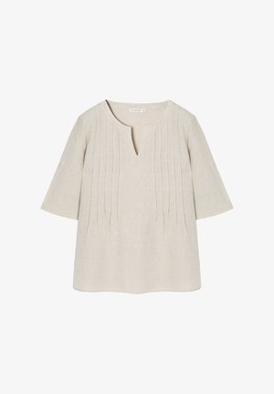 Beige linnen blouse met een V-hals, korte mouwen en verticale plooien. De stof heeft een zachte textuur en een casual, ontspannen pasvorm.