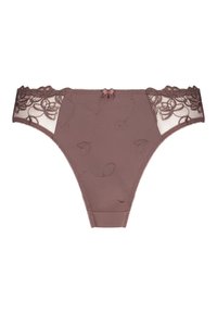 Brauner Spitzen-Th thong mit floraler Stickerei auf Netz- und Satinbereichen, mit einem zentralen Schleifendetail und gewellten Kanten.
