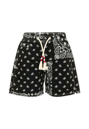 Czarne szorty z białym wzorem paisley na bazie bandany, kremowy sznurek ze sznurowaniem z czerwonymi akcentami, boczna kieszeń oraz białe przeszycia na krawędzi i w pasie.