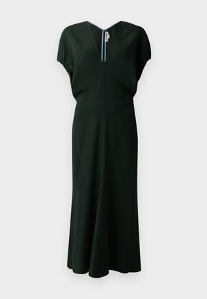 Robe midi vert foncé avec un décolleté en V, des manches courtes et un jupe fluide. Fabriquée en tissu lisse et extensible avec un design minimaliste.