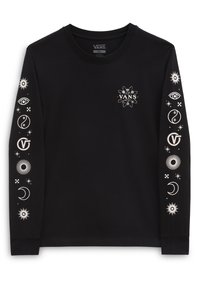Pitkähihainen musta T-paita, puuvillamateriaalia, jossa on valkoisia grafiikoita silmistä, symboleista ja tähdistä hihoissa sekä etuosan logossa.