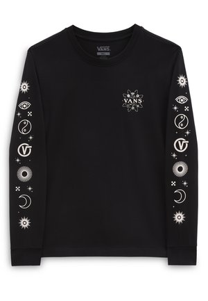 Zwart T-shirt met lange mouwen, van katoen, voorzien van witte graphics van ogen, symbolen en sterren op de mouwen en het logo aan de voorkant.