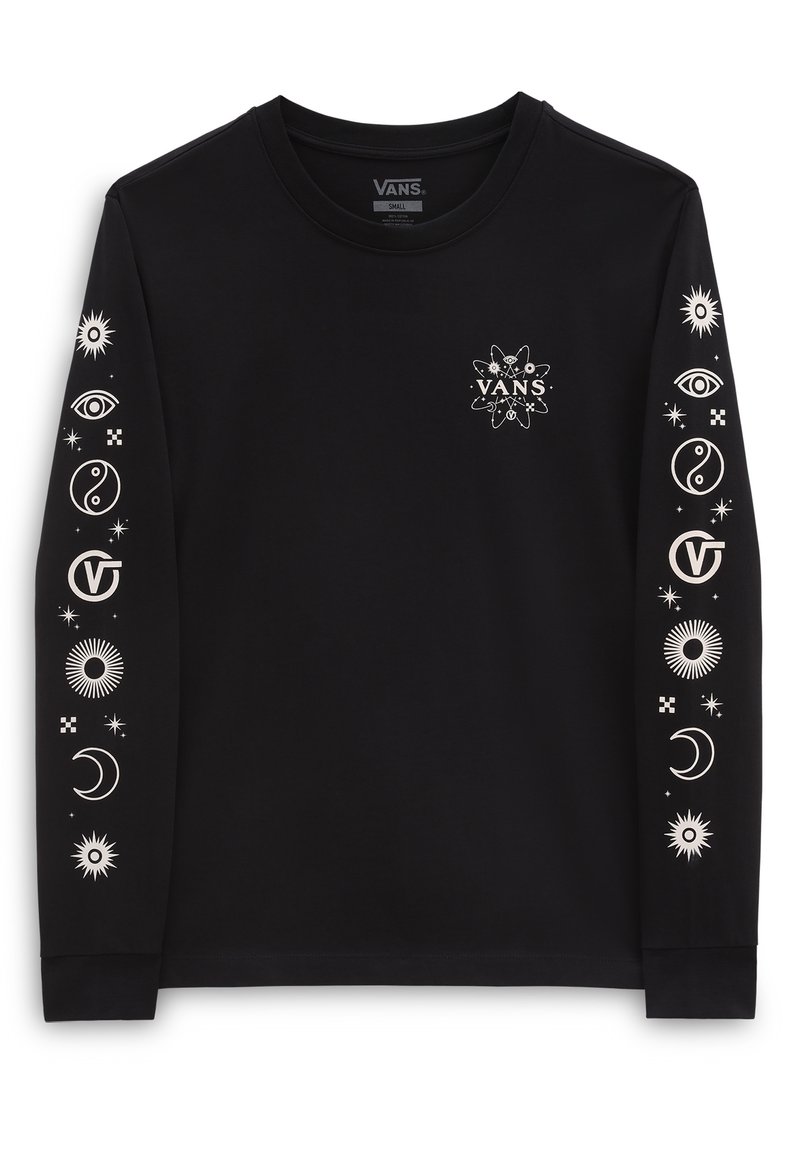 Pitkähihainen musta T-paita, puuvillamateriaalia, jossa on valkoisia grafiikoita silmistä, symboleista ja tähdistä hihoissa sekä etuosan logossa.