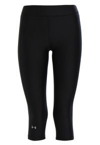 Czarne legginsy sportowe z wysokim stanem, wykonane z elastycznego materiału. Posiadają małe, srebrne logo po lewej stronie na dole.