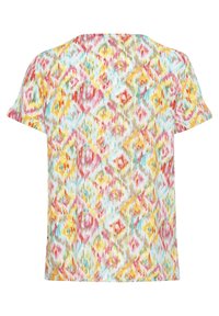 T-shirt à manches courtes présentant un motif géométrique multicolore en rose, jaune et bleu sur un fond clair. Tissu doux et fluide.