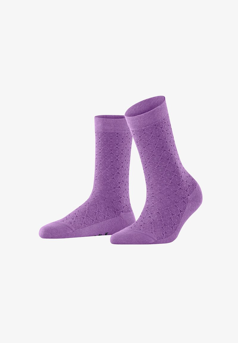 Lila Baumwollsocken mit strukturiertem Wabenmuster, gerippten Bündchen sowie verstärkten Zehen und Fersen für Langlebigkeit.