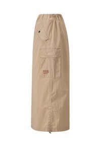 Beige cargo-nederdel med elastisk talje, sidelommer og snøre forneden til justering. Lavet af letvægtsstof.