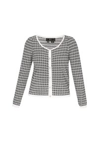 Fekete-fehér mintás kardigán hosszú ujjú, kerek nyakkal és fehér szegéllyel. Ezüst gombokkal rendelkezik, és testhezálló fazonú.