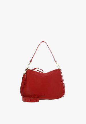 Red leather handbag with dual detachable straps, gold hardware, and small brand logo on front, shown on white background.