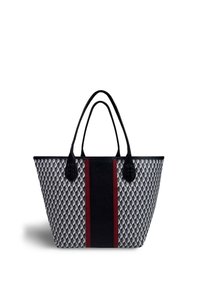 Duża torba na ramię z geometrycznym wzorem w bieli, czerni i szarości, z jednolitym czarnym pionowym paskiem i czerwonymi akcentami. Miękka tekstura i podwójne uchwyty.