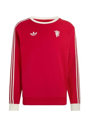 Κόκκινο φούτερ Adidas με μακριά μανίκια και λευκές ρίγες στα μανίκια, λευκή γιακά και μανσέτες, με το λογότυπο της Adidas και ένα λευκό τρίαινα γραφικό στο στήθος.