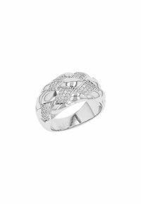 Anillo de plata con un diseño trenzado que presenta secciones alternas de metal liso y pequeñas piedras brillantes incrustadas.