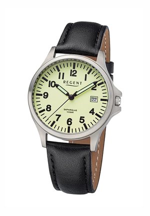 Montre-bracelet ronde en argent avec bracelet en cuir noir, cadran jaune clair, chiffres noirs, fenêtre de date à 3 heures et aiguilles des heures et minutes lumineuses.