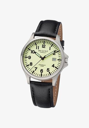 Montre-bracelet ronde en argent avec bracelet en cuir noir, cadran jaune clair, chiffres noirs, fenêtre de date à 3 heures et aiguilles des heures et minutes lumineuses.