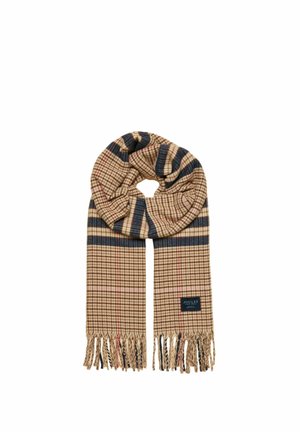 Écharpe en tartan marron et bleu marine avec des extrémités à franges et une petite étiquette noire sur un côté, présentée à plat avec une boucle en haut.