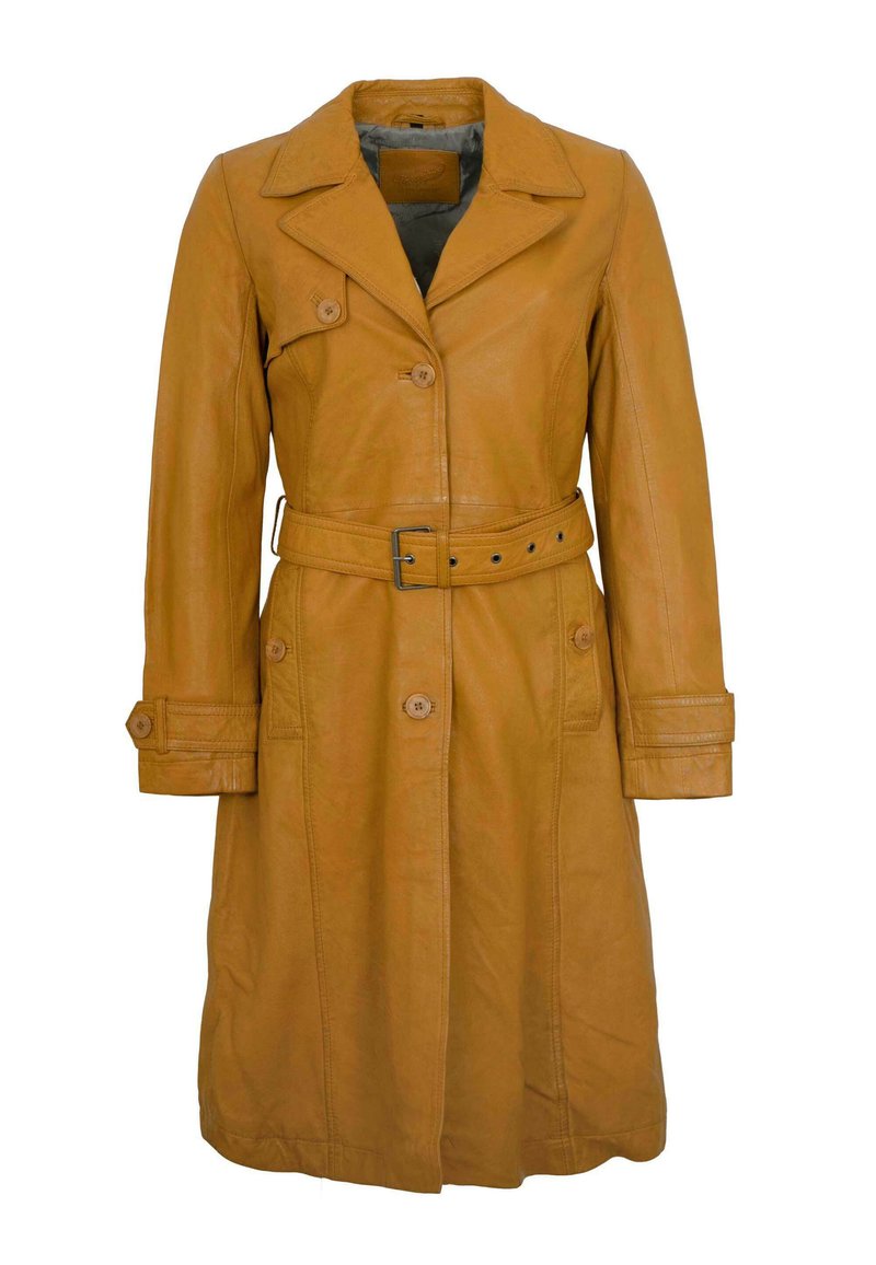 Senfgelber Ledertrenchcoat mit doppelt geknöpftem Vorderteil, tailliertem Gürtel und geknöpften Manschetten. Verfügt über einen Reverskragen und Seitentaschen.