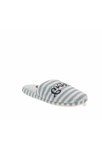 Zapato de tela a rayas en azul claro y blanco con un logo negro, punta redondeada y suela acolchada para mayor comodidad.