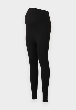 Black maternity leggings with a smooth, stretchy texture and high waistband, designed for comfort and support during pregnancy.