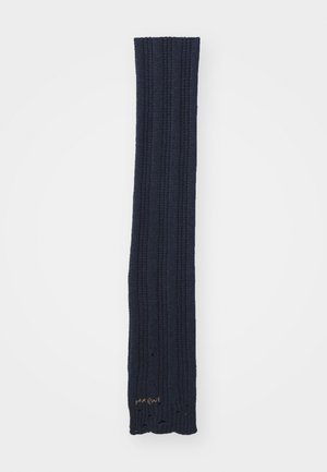 Navy ribbed knit scarf with a textured pattern and elasticized ends, featuring a small gold "Marni" logo at the hem.