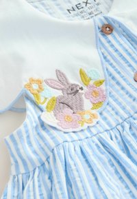 Helles blau gestreiftes Baumwollkleid mit besticktem Hasen und Blumen, runder Ausschnitt und Holzknöpfen. Mit gerafftem Taillendetail.