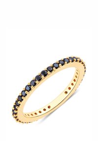 Goldring mit einer durchgehenden Reihe runder schwarzer Steine, im Perlenmuster gefasst. Glatte Innenfläche mit kleinen Löchern zur Anpassung.