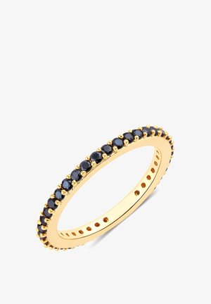 Guldring med en kontinuerlig række af runde sorte sten, indlagt i et perle-design. Glat indvendig ring med små huller til justering.