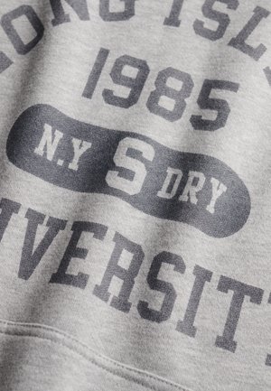 Gray sweatshirt featuring dark print with “LONG ISLAND 1985 N.Y. S DRY” and “UNIVERSITY” in bold typography. Soft texture, casual design.
