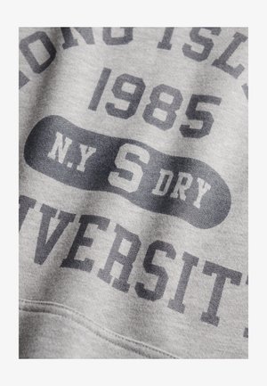 Felpa grigia con stampa scura recante le scritte "LONG ISLAND 1985 N.Y. S DRY" e "UNIVERSITY" in tipografia in grassetto. Tessuto morbido, design casual.