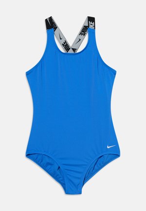 Costume intero blu con spalline incrociate con logo Nike nero e bianco e piccolo swoosh Nike bianco sull'anca anteriore.