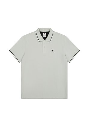 Hellgraues Polohemd aus glattem Stoff, mit einem schwarzen Kragen mit weißem Saum, zwei Knöpfen und einem kleinen Logo auf der linken Brust.