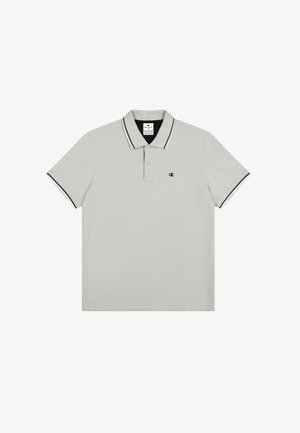 Hellgraues Polohemd aus glattem Stoff, mit einem schwarzen Kragen mit weißem Saum, zwei Knöpfen und einem kleinen Logo auf der linken Brust.