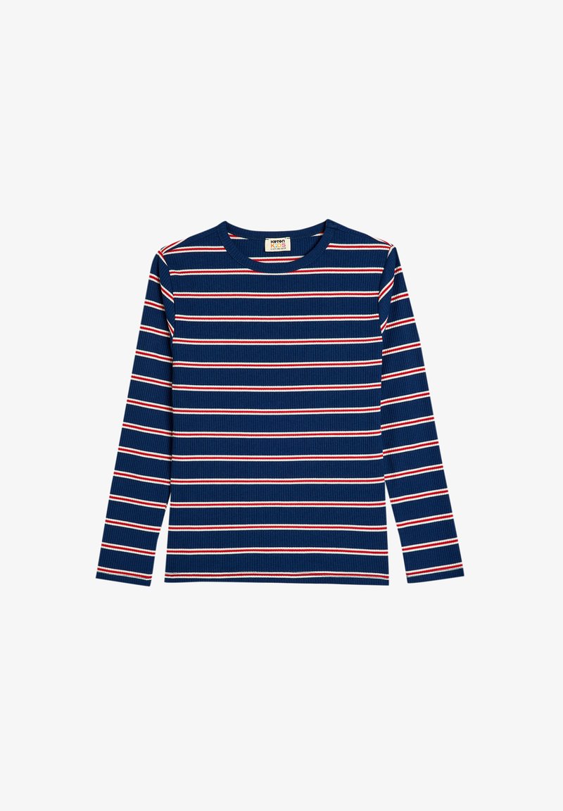 Marineblauwe longsleeve shirt met horizontale witte en rode strepen. Ribbelstructuur; ronde halslijn; casual pasvorm voor kinderen.