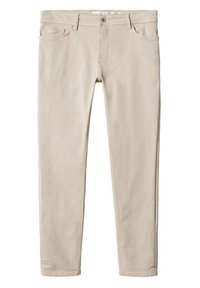 Jeans de mezclilla beige con corte slim, que cuentan con cinco bolsillos, una cremalleras y un cierre de botón, y detalles de costura mínimos.