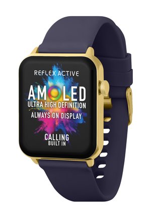 Smartwatch mit einem goldenen Metallrahmen, schwarzem AMOLED-Display mit bunten Grafiken und einem marineblauen Silikonarmband mit Belüftungslöchern.