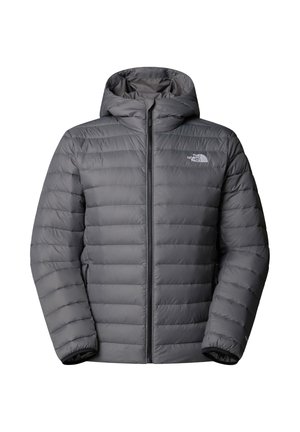 Gray puffer jacket with a hood, quilted design, zip closure, and The North Face logo on the left chest. Soft, lightweight material.