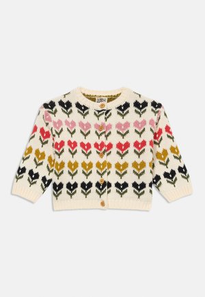 Cremefarbener Cardigan mit floralem Muster in Pink, Rot, Gelb, Grün und Schwarz. Vorderer Knopfverschluss und gerippte Bündchen. Aus Strickmaterial hergestellt.