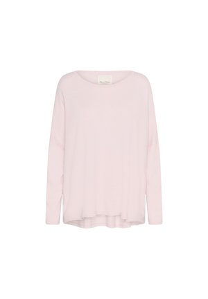Suéter de manga larga de color rosa claro, hecho de un material suave. Presenta un cuello redondo, hombros caídos y un corte holgado. Textura suave.