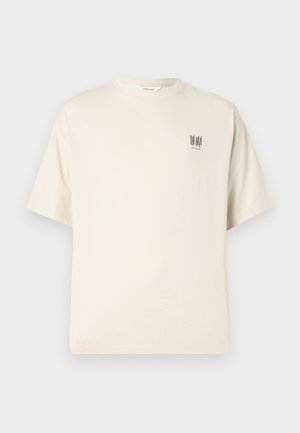 Beige short-sleeve crewneck t-shirt with small black "THE HAZE JAZZ LOUNGE" text on the left chest.
