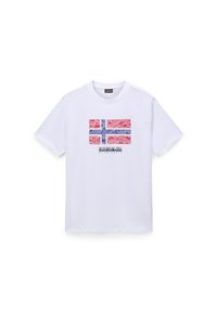 White cotton t-shirt featuring a red and blue Icelandic flag design with wavy lines, accented by the text "NAPAPIJRI" below the graphic.