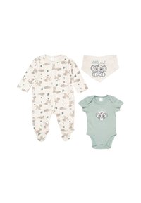 Beige fodrad sovdräkt med tryck av lejonunge, grön kortärmad bodysuit med lejonungens ansikte, och beige haklapp med texten "liten unge" och grafik av en unge.