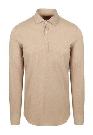 Beige polo shirt met lange mouwen, gemaakt van zacht materiaal, met een drie-knopen sluiting, een standaard kraag en manchetten met een gladde afwerking.