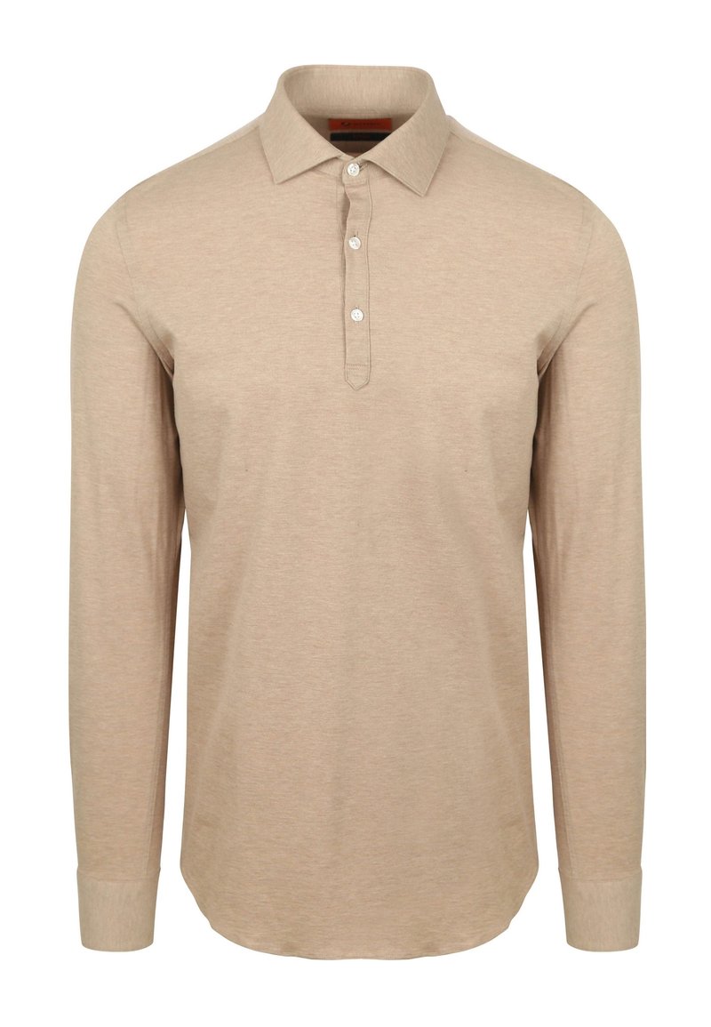 Beige polo shirt met lange mouwen, gemaakt van zacht materiaal, met een drie-knopen sluiting, een standaard kraag en manchetten met een gladde afwerking.