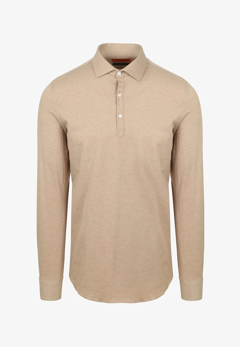 Beige polo shirt met lange mouwen, gemaakt van zacht materiaal, met een drie-knopen sluiting, een standaard kraag en manchetten met een gladde afwerking.
